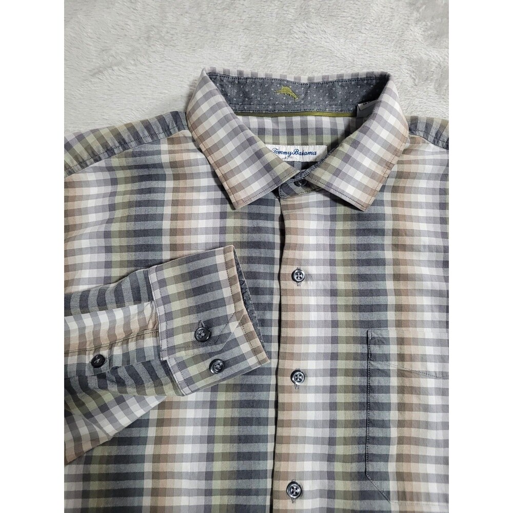 Tommy Bahama Shirt Mens Large Gray Plaid Long Sleeve Button Up Casual Woven